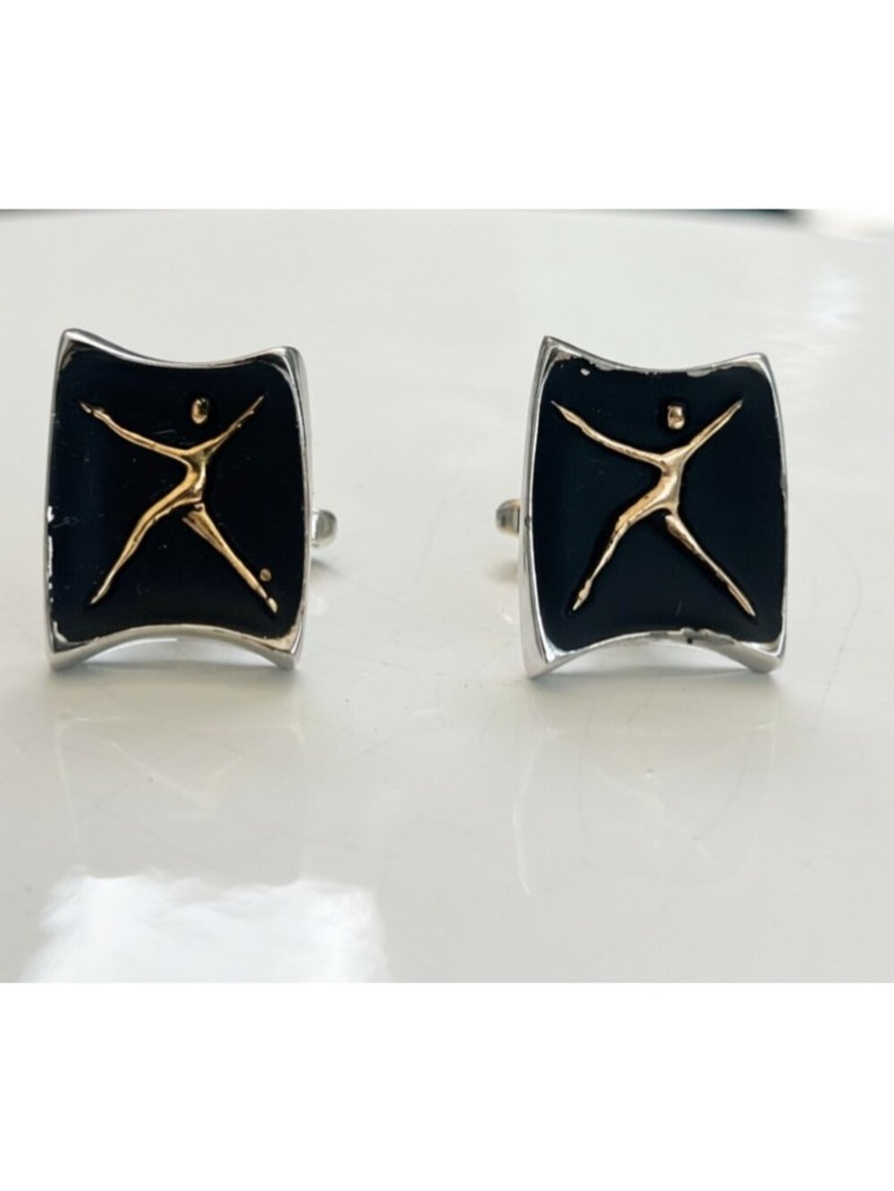 Vintage Gold & Black Cufflinks With Abstract Human Figure Design Elegant Formal